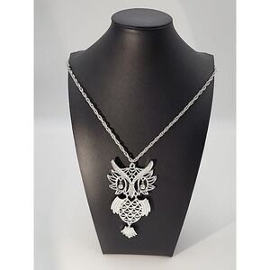 Vintage Silver Tone‎ Large Rhinestone Eye Owl Bird 24" Chain Necklace